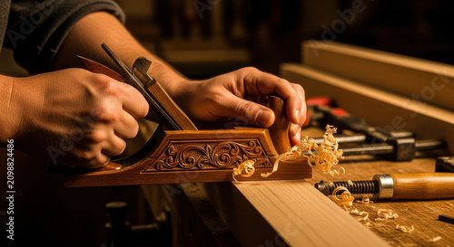 Craftsman's Hands Shaping Wood With Traditional Hand Plane in Workshop