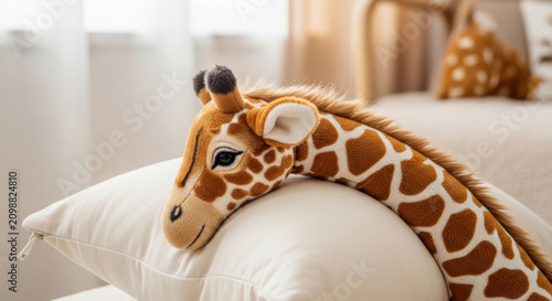 Cute Giraffe Plush Toy Resting On A Cozy Pillow Bedside