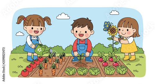 Принти на полотні Three happy children are working together in a vegetable garden, watering plants and caring for their homegrown crops on a sunny day