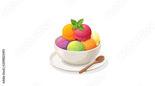 Bowl of assorted colorful ice cream scoops with mint garnish colorful refreshing