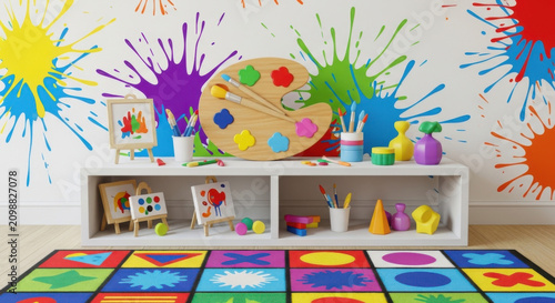 Creative Art Studio Setup With Colorful Splatter Wall Decor
