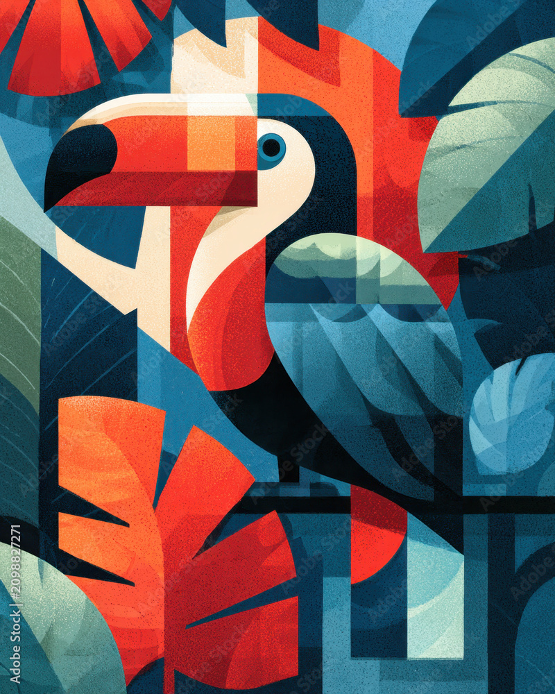 Obraz premium Beautiful colorful geometric illustration of a toucan bird perched among vibrant tropical leaves in a lush rainforest jungle with textured art style and bold red blue and orange colors in nature