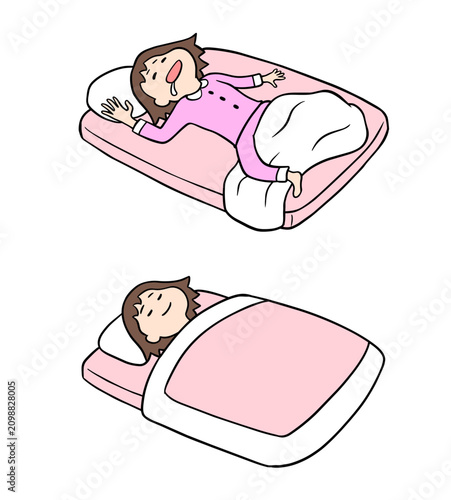 寝相が良い女性と寝相が悪い女性の睡眠スタイルを比較したイラストセット