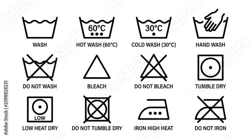 Set of twelve laundry care symbols for washing and drying instructions on clothing tags.