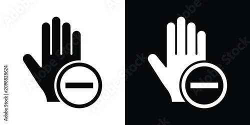 Obraz na plátne Minimalist vector icon showing a raised hand and a minus subtraction sign inside a circle, symbolizing remove, decline, restriction, or negative action