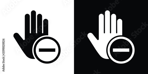 Canvastavla Minimalist vector icon showing a raised hand and a minus subtraction sign inside a circle, symbolizing remove, decline, restriction, or negative action
