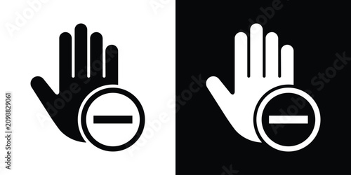 Photography Minimalist vector icon showing a raised hand and a minus subtraction sign inside a circle, symbolizing remove, decline, restriction, or negative action