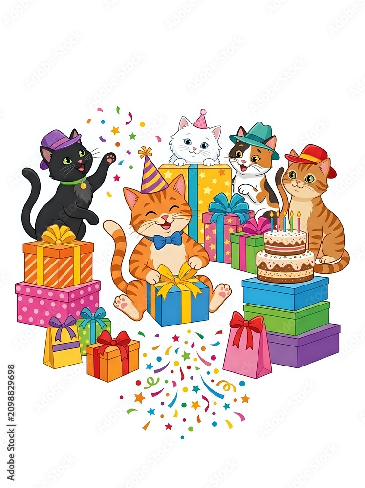 Naklejka premium Cute Cartoon Cats Celebrating Birthday Party with Gifts and Cake