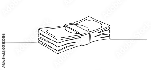 Obraz na płótnie Stack of paper currency banknotes in continuous line art drawing style with bank
