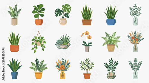 Quadro su tela Modern Illustrated Collection of Indoor Plants in Colorful Pots and Vases for Ho