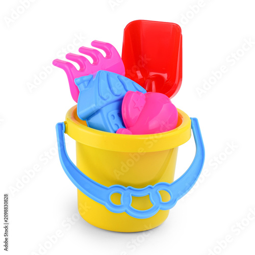 Bright children's sandbox toy set with bucket, rake, and molds
