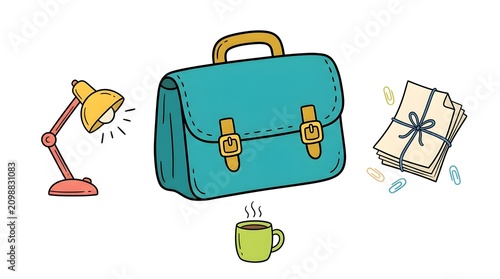 Hand drawn office briefcase lamp and document stack doodle cartoon illustration