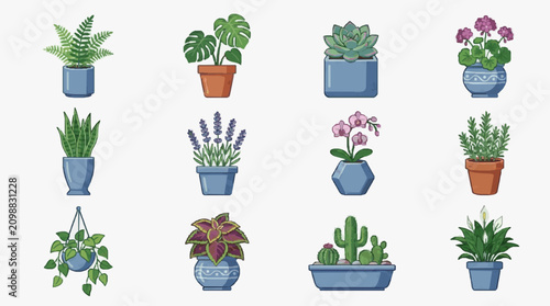 Foto Modern Illustrated Collection of Colorful Potted Plants and Indoor Greenery for
