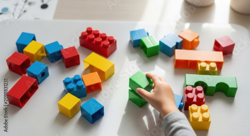 Creative Play With Colorful Building Blocks By Young Child's Hands Full Of Imagination