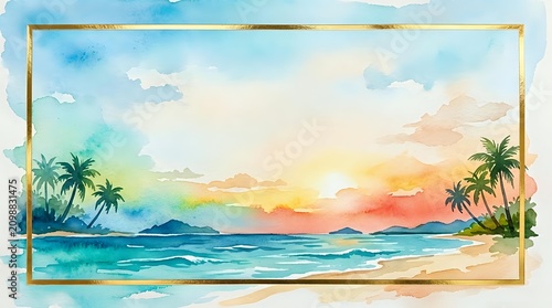 Tropical sunset beach scene with palm trees, golden frame border, watercolor style illustration with vibrant orange and blue gradient sky reflecting on calm ocean waters.