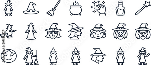 Bild auf Leinwand Halloween Witch Character and Magic Spell Line Icons Vector Set.