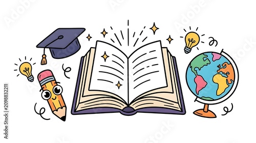Educational doodle featuring open book graduation cap pencil and spinning globe