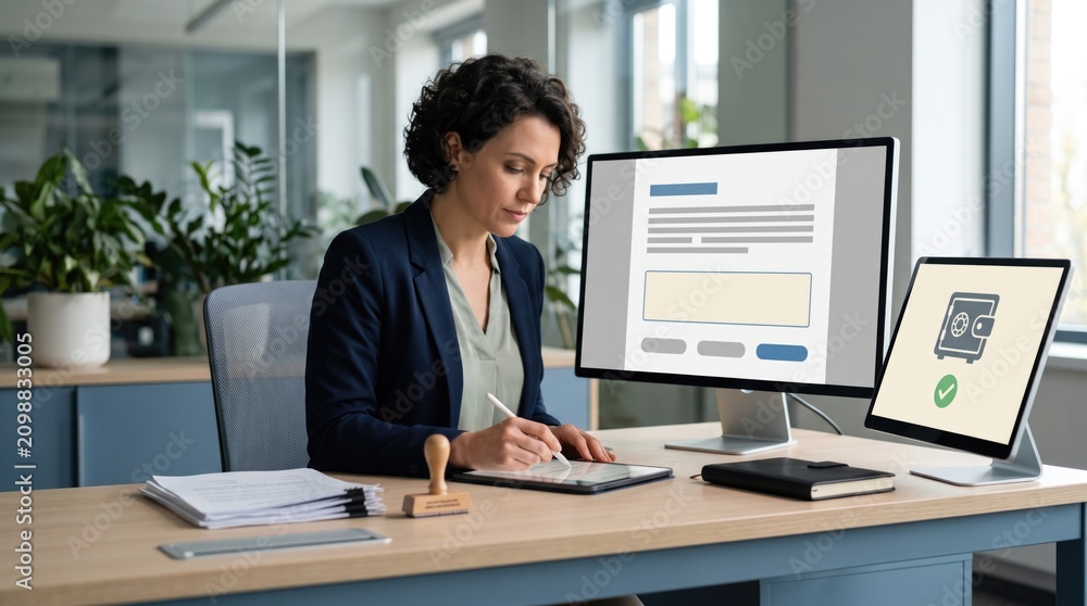 Fototapeta premium Notarization In Digital Era In Office. Notary at a clean desk with a digital signing preview on a main monitor and a secure wallet icon on a secondary