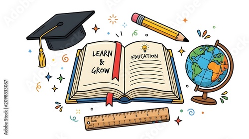 Learning concept with open book graduation cap globe pencil and wooden ruler