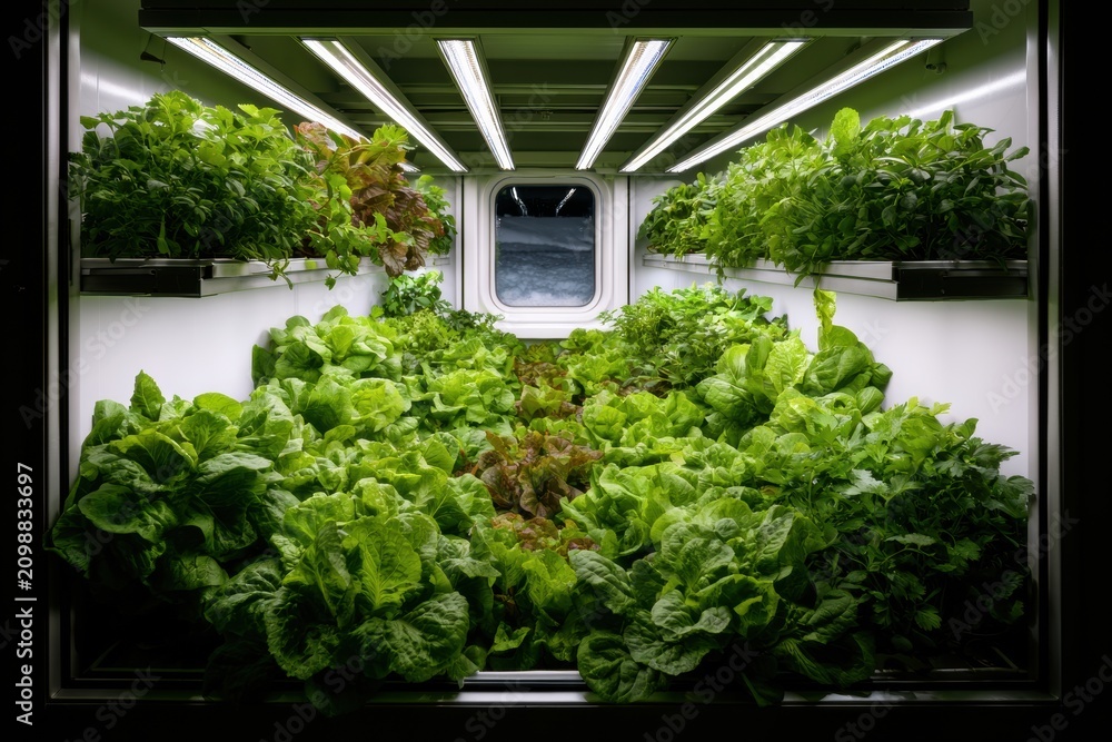 Fototapeta premium Fresh Lettuce and Herbs Growing in Indoor Hydroponic Container Farm
