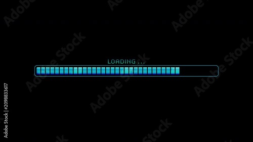 Long blue loading bar animation on a black background, retro style