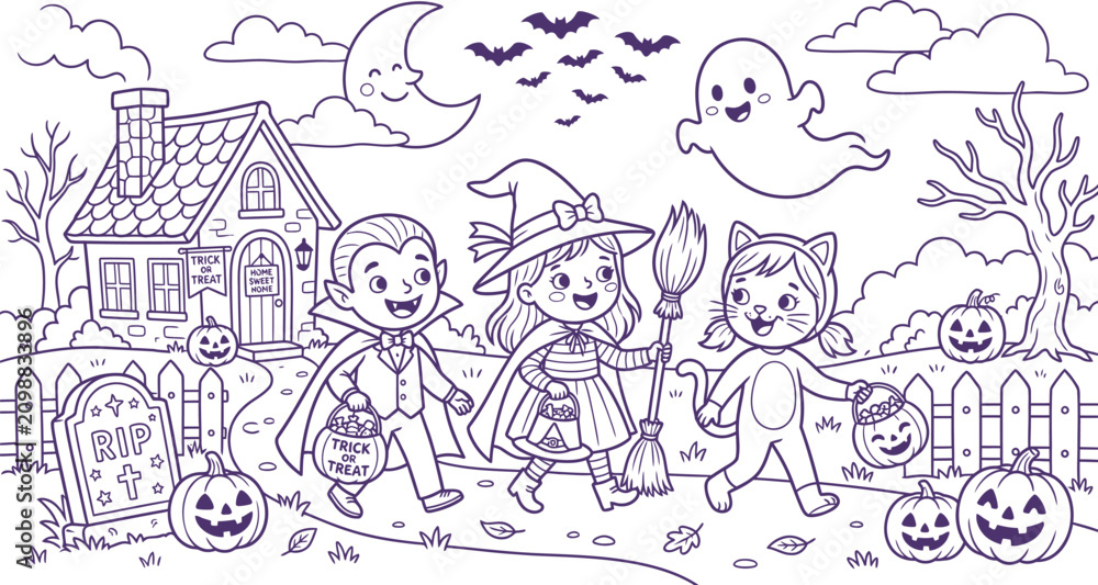 Fototapeta premium Halloween scene with costumed children and spooky elements, line art silhouette