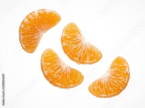 Fresh juicy orange mandarin segments arranged to show the bright citrus texture of peeled fruit pieces for healthy snack concepts isolated on white background