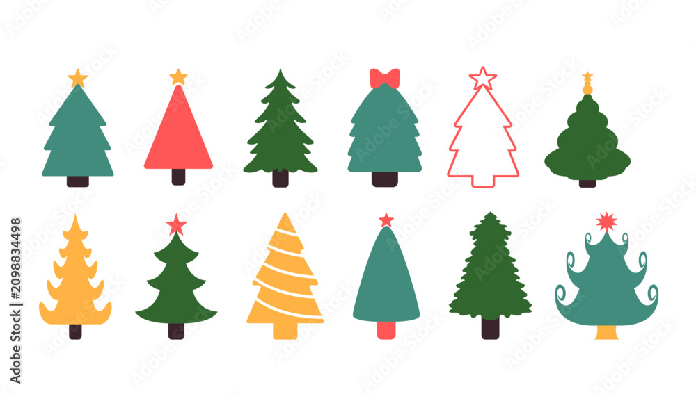 Obraz premium Festive Christmas trees in cartoon style set vector illustration on white background