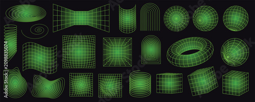 Neon geometric composition in psychedelic surrealism style with glowing green wireframe shapes, warped grids, spheres, cubes, tunnels, spirals and distorted surfaces on a deep black background.