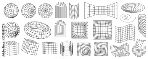 Foto Geometric line composition in psychedelic surrealism style with black wireframe spheres, cubes, tunnels, warped grids, torus forms, spirals and distorted surfaces on a clean white background