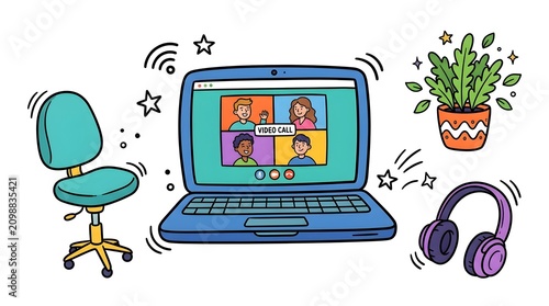 Remote work and conferencing concept with laptop and home office elements, internet