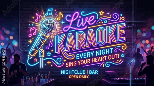 Neon live karaoke signage featuring a microphone icon on a dark brick wall backdrop for nightclub entertainment and social gathering atmosphere promotion