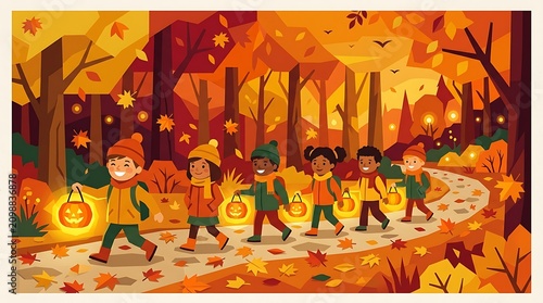 Diverse group of children walking with glowing pumpkin lanterns through an autumn forest at dusk