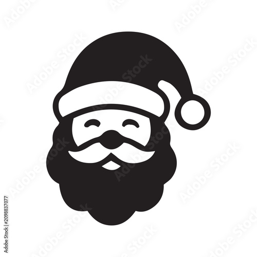Cute smiling Santa Claus face silhouette icon with traditional red hat - black and white vector graphic
