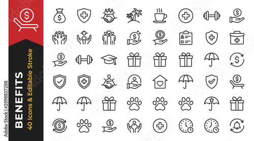 Billede på lærred Benefits icon set showing gifts, shields, umbrellas, pets, and wellness symbols
