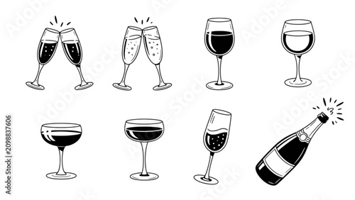 Set of six cheerful wine and champagne glass icons with bottle Vector