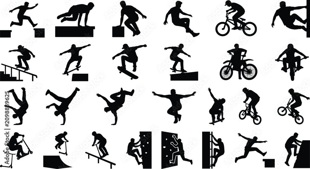 Obraz premium Collection of Extreme Sports Silhouettes Featuring Skateboarding, BMX, Rock Climbing, and Parkour Stunts