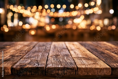 Empty rustic wooden table displayed in front of warm festive string lights bokeh.