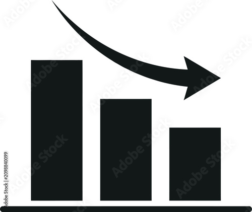 Obraz na plátne Decreasing bar chart graph with downward trend arrow  business statistics and fi