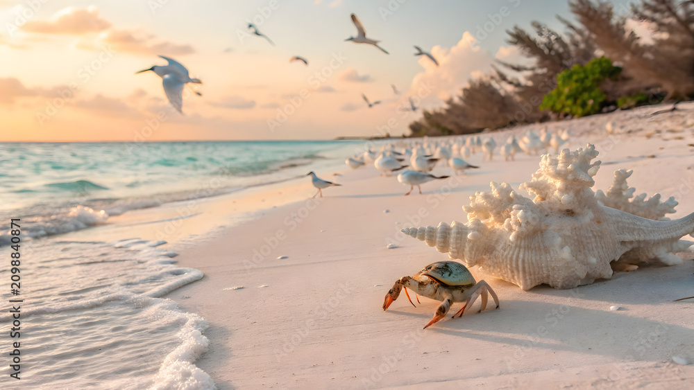 Obraz premium Tropical beach at sunrise with a crab and seashell. Scenic ocean shore with flying seagulls.