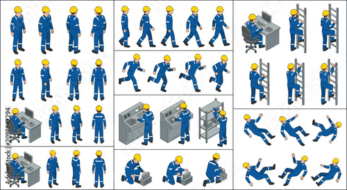 Isometric worker character set vector illustration featuring industrial factory engineers walking climbing ladders falling and sitting at desks isolated on white background.