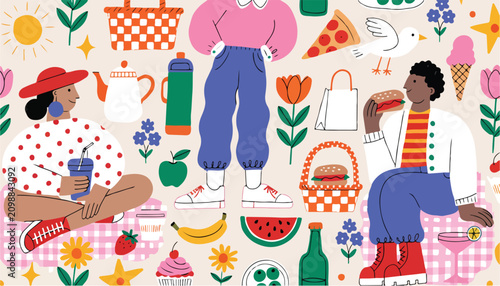 Vibrant Flat Illustration of Picnic Foods, Drinks, and Characters