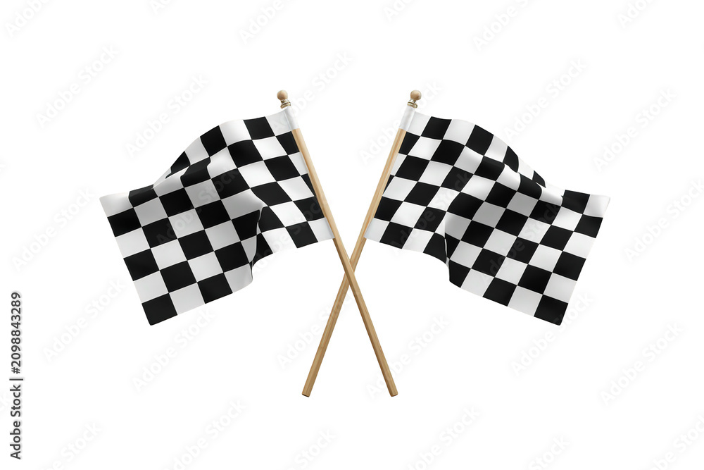 Obraz premium Crossed checkered racing flags on wooden poles symbolizing victory, competition, and reaching the finish line
