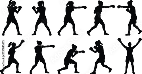 Fotografía Boxing Athlete Silhouette Collection Featuring Punching Fighting Guard Stance an