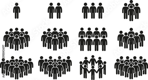 People and crowd glyph icon set vector illustration featuring community groups teamwork corporate workforce and social gathering silhouettes isolated on white background.