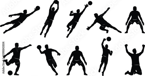 Obraz na płótnie Handball Player Silhouette Collection Featuring Goalkeeper Saves Throwing Jump S
