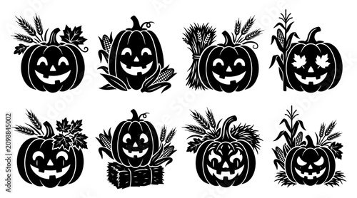 Bild auf Leinwand Black Silhouette Halloween Pumpkin Icons Set Featuring Harvest Crops and Autumn
