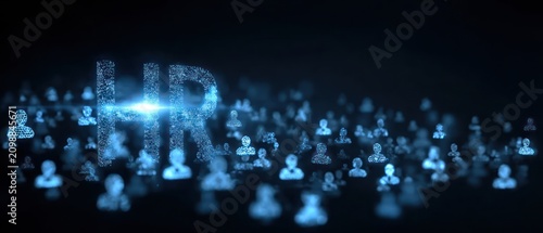 Digital people icons form the letters hr in a glowing network of human profiles against a dark background.