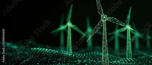 Glowing digital windmills stand on a futuristic grid surface in dark green tones