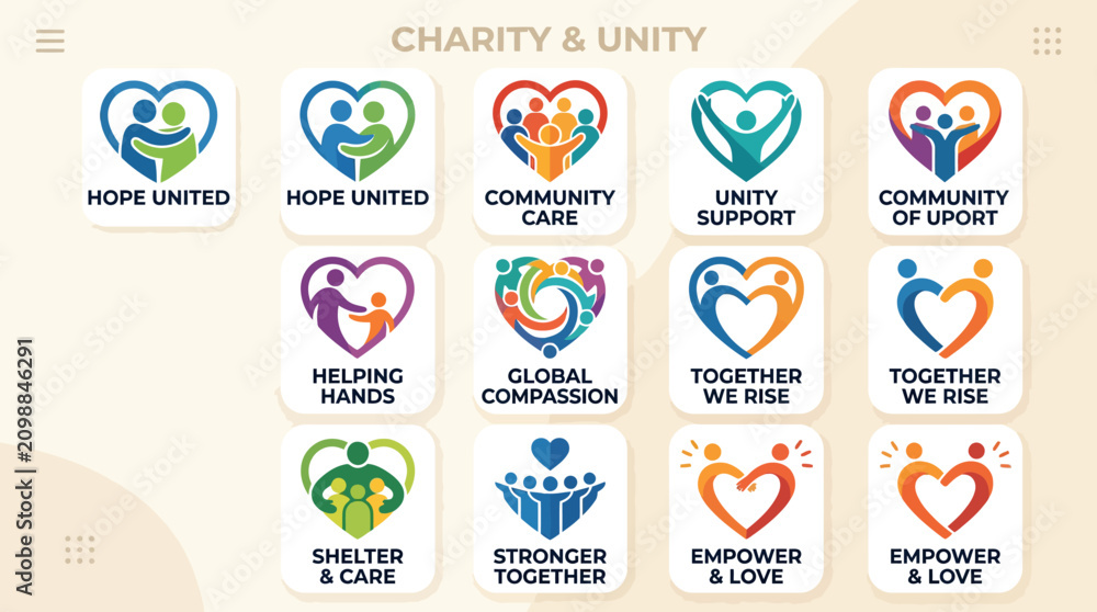 Fototapeta premium Charity & Unity Logos: Diverse Symbols of Hope, Community, Support, and Global Compassion